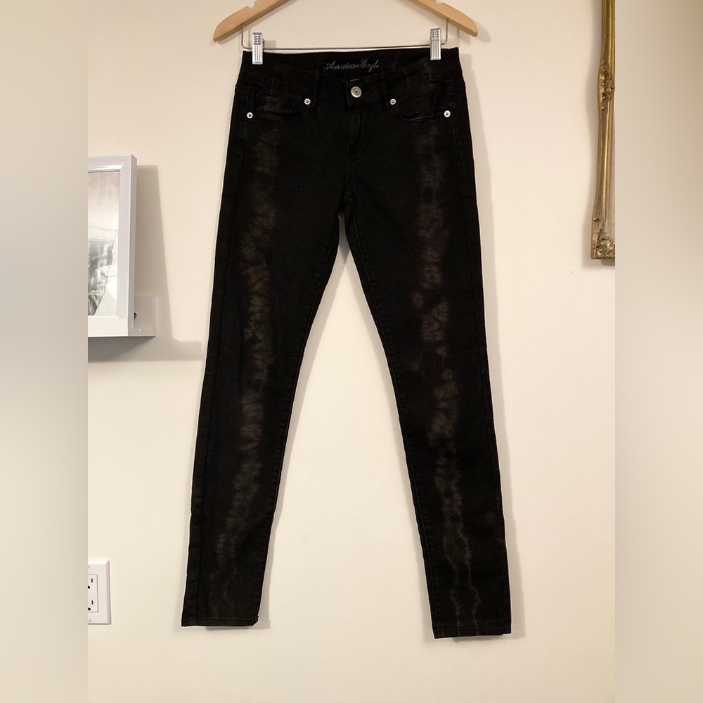 American Eagle Black Tie Dye Skinny Jeans Women’s Size 4 Regular Black Denim